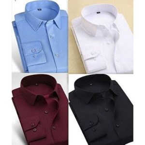 Lot De 4 Chemises Hommes - Manches Longues - Bleu/Blanc/Noir/Rouge Bordeaux